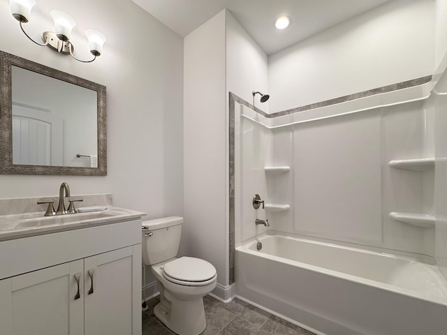 full bathroom featuring shower / bath combination, baseboards, toilet, and vanity