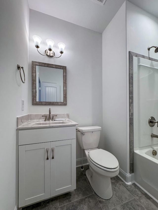 bathroom featuring shower / bathing tub combination, vanity, toilet, and baseboards