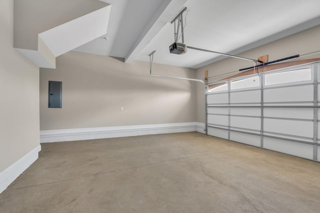 garage with electric panel and a garage door opener