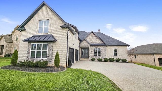 back of property with a yard and a garage