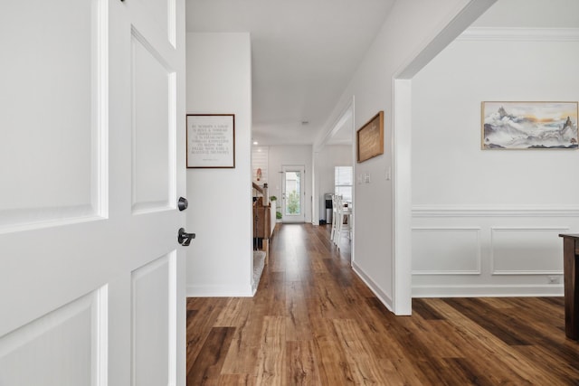 corridor featuring crown molding and dark hardwood / wood-style flooring