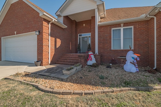 ranch-style house with a garage, brick siding, roof with shingles, and driveway