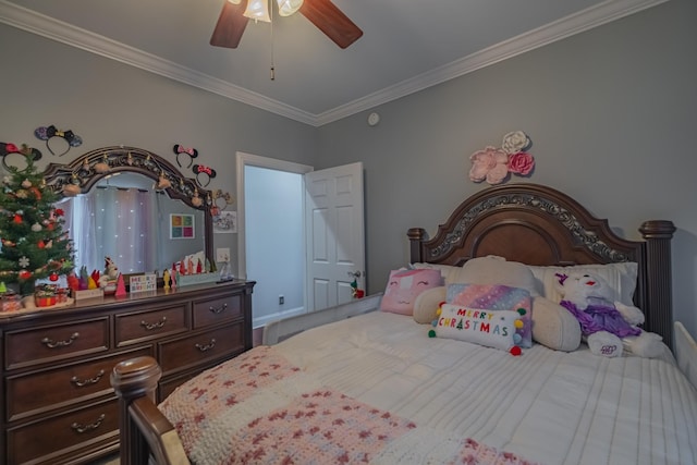 bedroom featuring a ceiling fan and ornamental molding