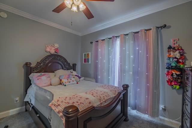 bedroom featuring ceiling fan, dark carpet, and ornamental molding