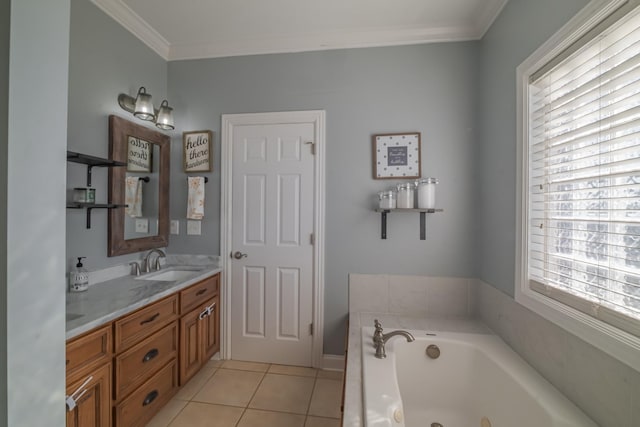 full bath featuring tile patterned floors, a jetted tub, vanity, and crown molding