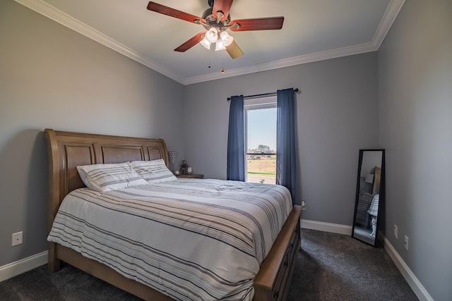 bedroom with ceiling fan, baseboards, dark colored carpet, and ornamental molding