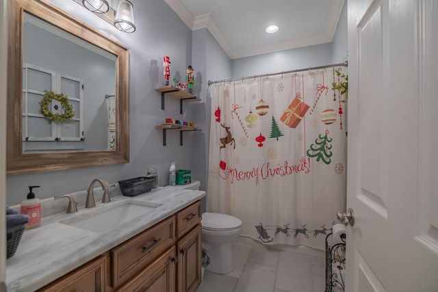 bathroom with recessed lighting, vanity, toilet, and crown molding