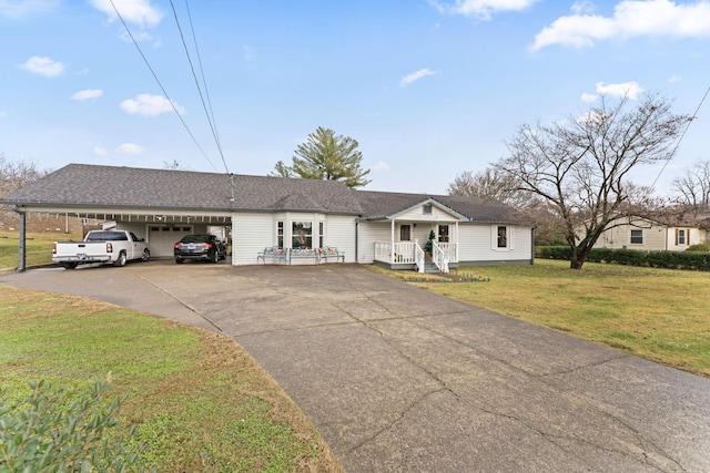 ranch-style house with a porch and a front yard