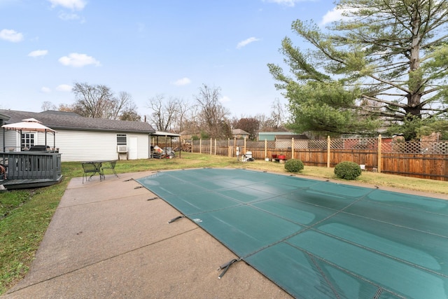 view of swimming pool featuring a gazebo, a yard, and a patio