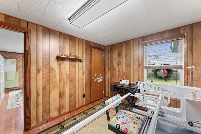 workout room with wooden walls