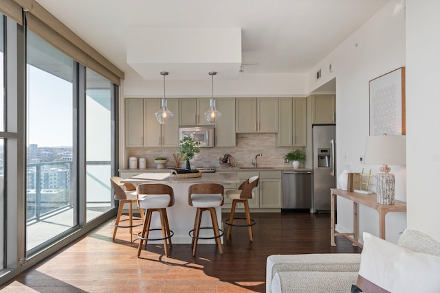 kitchen featuring a wealth of natural light, dark hardwood / wood-style flooring, decorative light fixtures, and stainless steel appliances