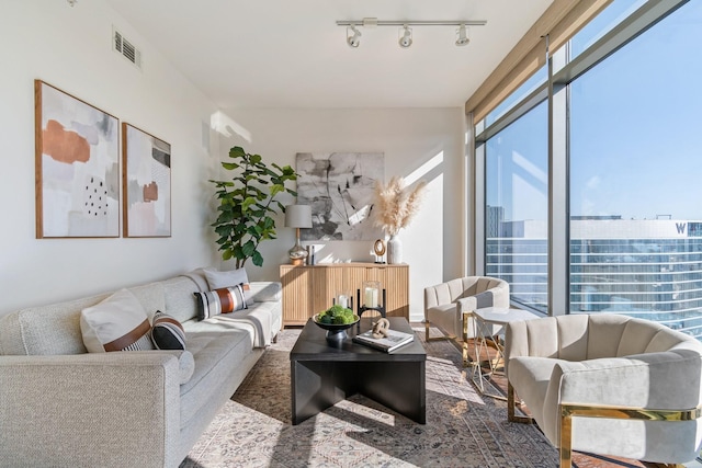 living room featuring track lighting