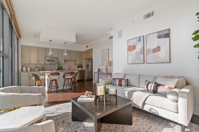 living room with sink and dark hardwood / wood-style floors