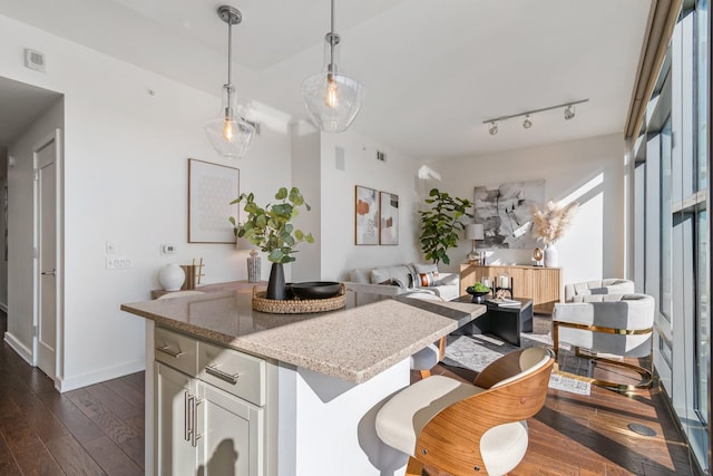 kitchen featuring track lighting, light stone counters, decorative light fixtures, dark hardwood / wood-style flooring, and a breakfast bar area