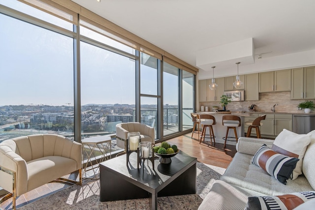 living room featuring floor to ceiling windows, light wood-type flooring, and sink