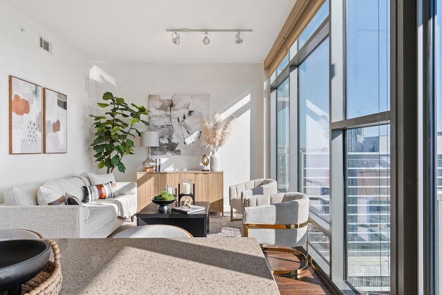 living room with hardwood / wood-style floors and rail lighting