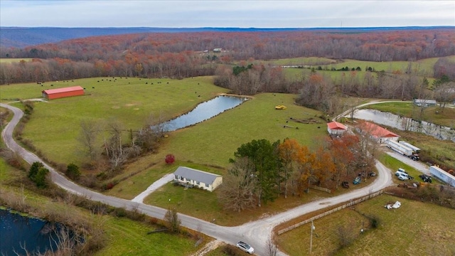 birds eye view of property featuring a rural view and a water view