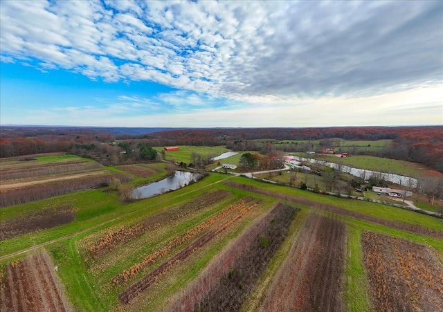 birds eye view of property featuring a rural view and a water view