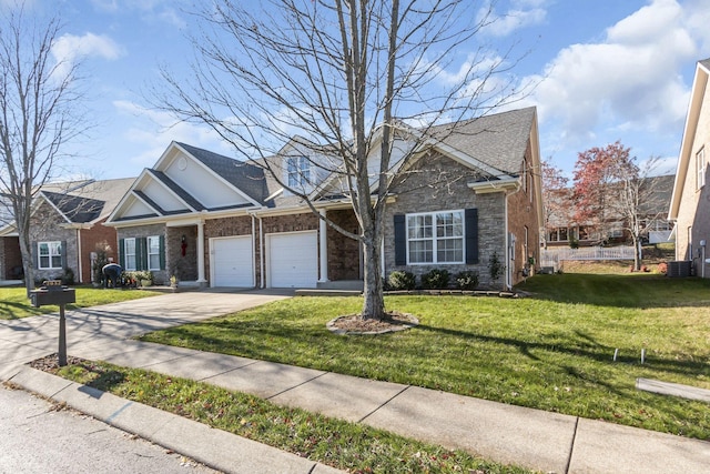 ranch-style home with a garage, a front lawn, and cooling unit