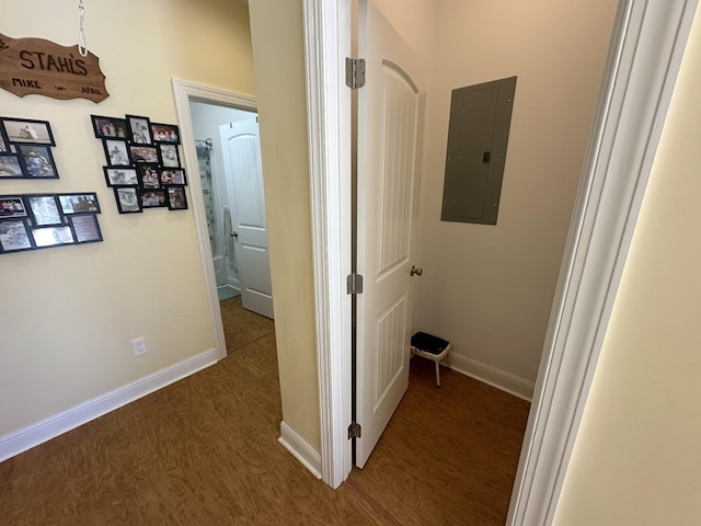 corridor with dark hardwood / wood-style flooring and electric panel