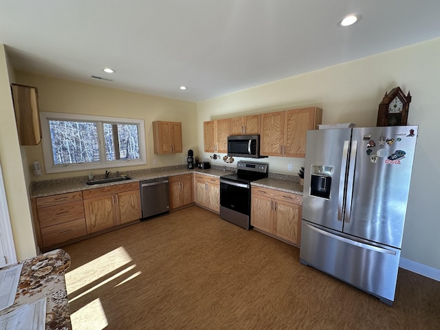 kitchen with dark hardwood / wood-style flooring, sink, and stainless steel appliances