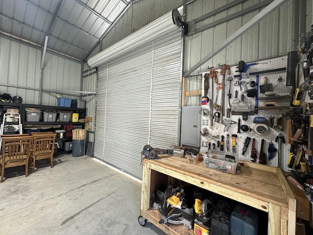 garage with a workshop area