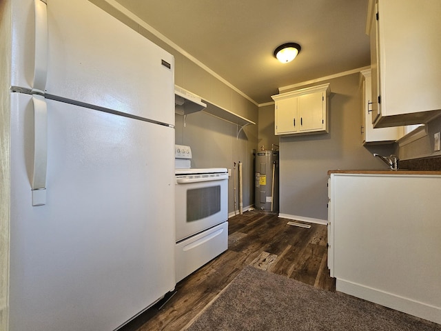 kitchen featuring white cabinetry, electric water heater, dark hardwood / wood-style floors, crown molding, and white appliances