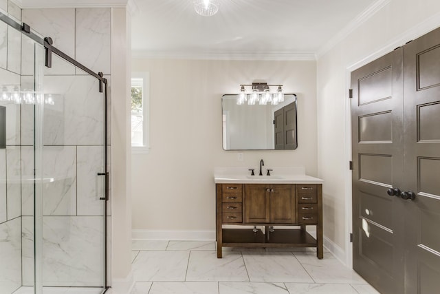 bathroom featuring vanity, a shower with shower door, and ornamental molding