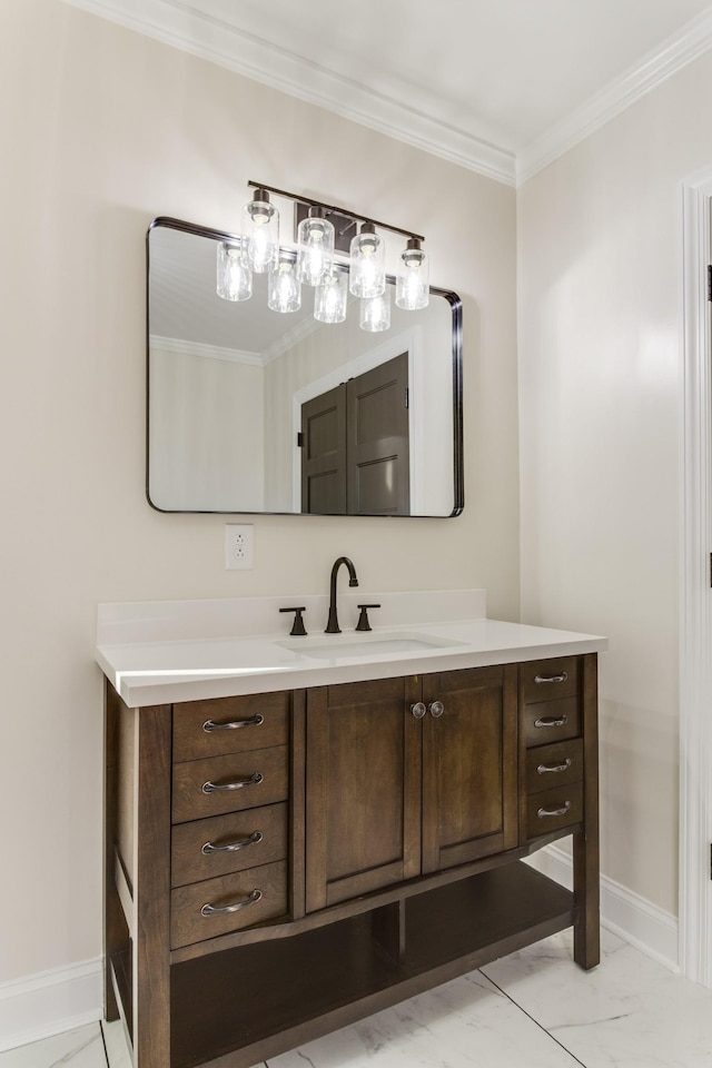 bathroom with vanity and ornamental molding