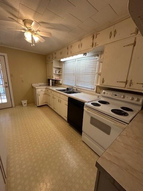 kitchen featuring dishwasher, white cabinets, sink, electric range, and ceiling fan