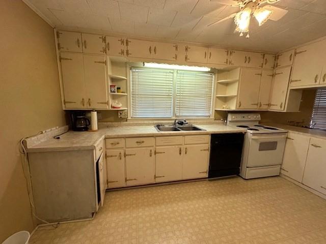 kitchen featuring white cabinets, white electric stove, dishwasher, and sink