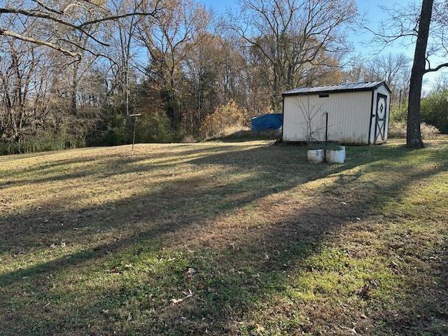 view of yard featuring a storage unit