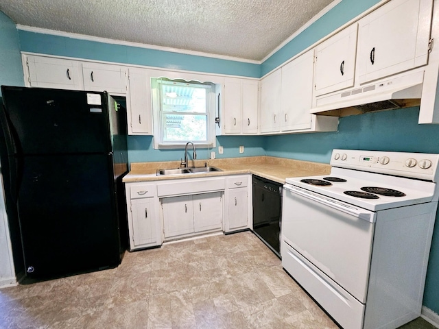 kitchen with white cabinetry, sink, black appliances, and a textured ceiling