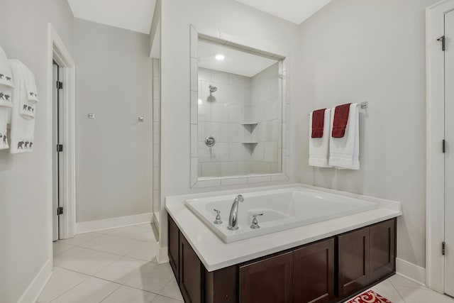 bathroom with tile patterned floors and plus walk in shower