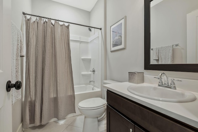 full bathroom with tile patterned floors, vanity, shower / bathtub combination with curtain, and toilet