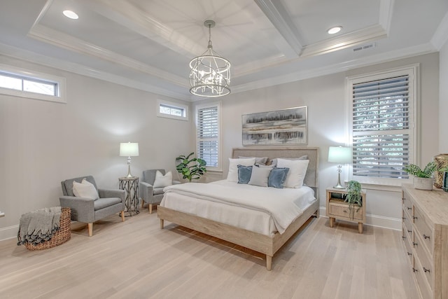 bedroom with an inviting chandelier, ornamental molding, beam ceiling, and light hardwood / wood-style floors