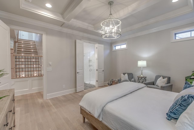 bedroom with ensuite bathroom, ornamental molding, a notable chandelier, beam ceiling, and light hardwood / wood-style floors