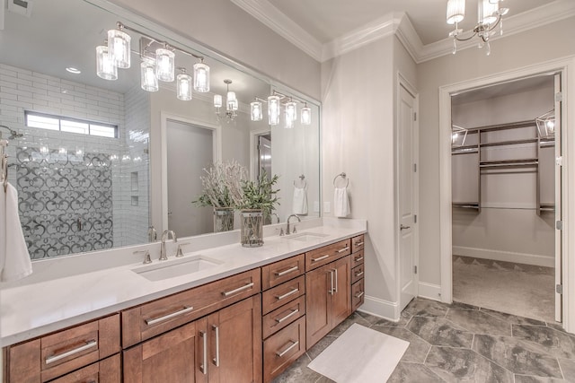 bathroom with vanity, ornamental molding, and walk in shower