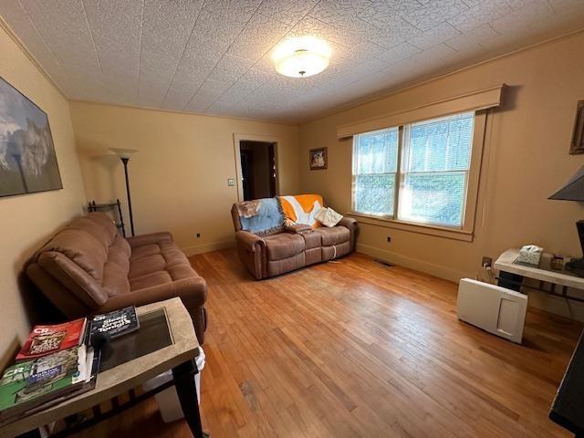 living room with light wood-type flooring and a textured ceiling