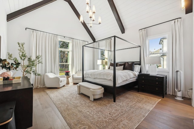 bedroom featuring beam ceiling, high vaulted ceiling, a notable chandelier, wood-type flooring, and wood ceiling