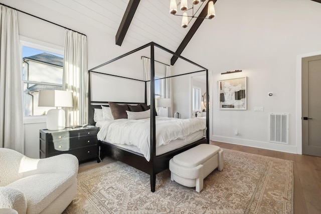 bedroom with hardwood / wood-style floors, high vaulted ceiling, an inviting chandelier, beamed ceiling, and wood ceiling