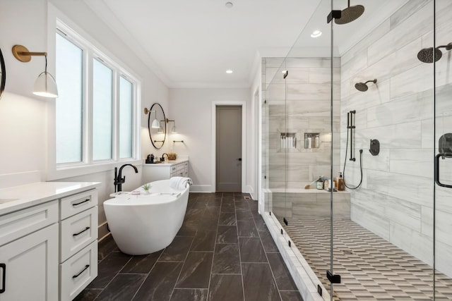 bathroom with vanity, plus walk in shower, and ornamental molding