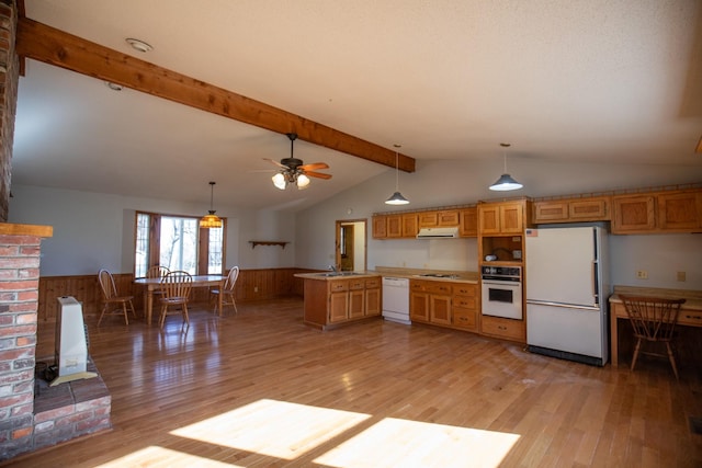 432 Menees Ln, Madison, TN 37115 - kitchen with white appliances, a wainscoted wall, light wood finished floors, range hood, and ceiling fan