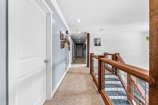 hallway with wooden walls and carpet