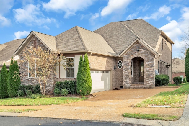 french country inspired facade with a garage