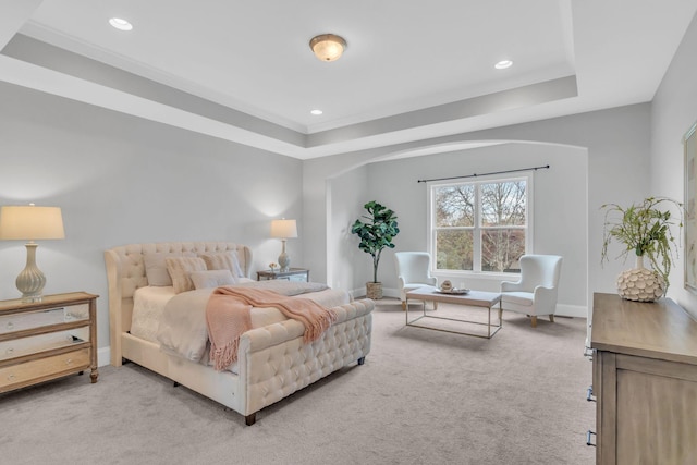 carpeted bedroom featuring a tray ceiling