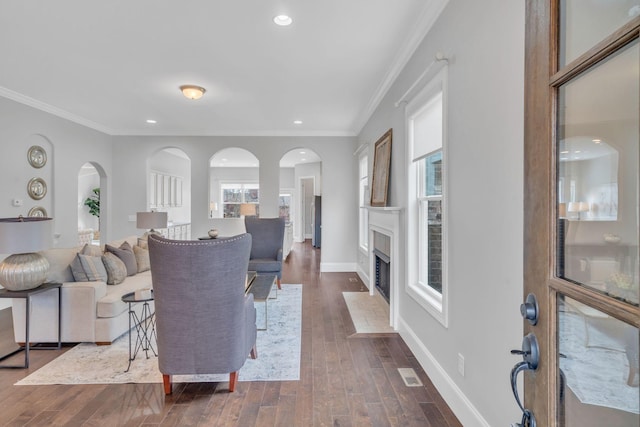 living room with dark hardwood / wood-style flooring and ornamental molding