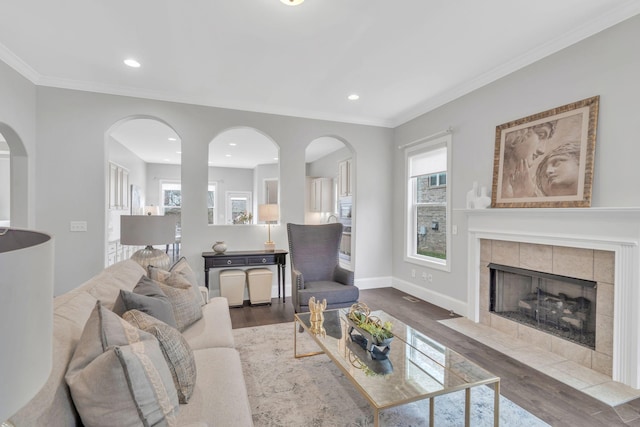 living room featuring crown molding, a fireplace, and dark wood-type flooring