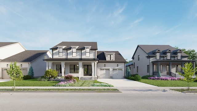 view of front of home featuring a front lawn, a porch, and a garage