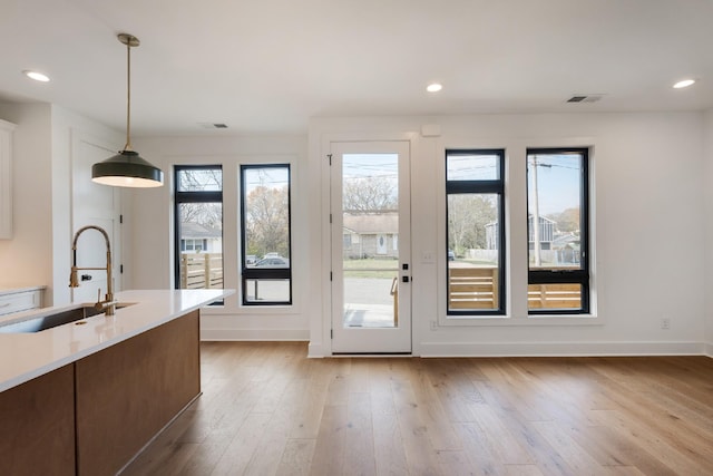 entryway with light hardwood / wood-style floors and sink